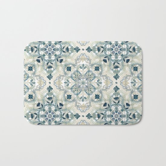 Forest Green & Neutral Taupe Detailed Lace Doodle Pattern Bath Mat