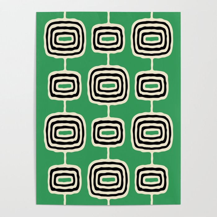 Mid Century Modern Atomic Rings Pattern 237 Black Beige and Green Poster