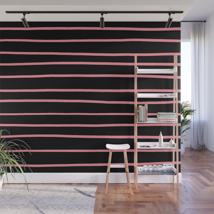 Pantone Conch Shell Pink 15-1624 Hand Drawn Horizontal Lines on Black Wall Mural