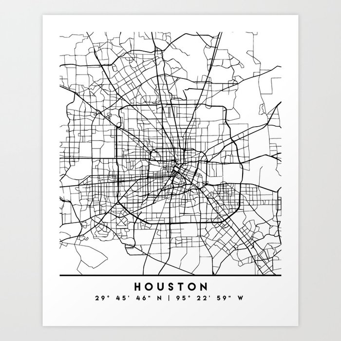 HOUSTON TEXAS BLACK CITY STREET MAP ART Art Print
