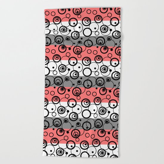 Circles and rings on striped background . Salmon , black , white , grey Beach Towel