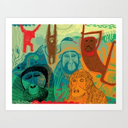 Jungle Art Print | Colour, Pattern, Vector, Curated, Illustration, Ink Pen, Orangutang, Jungle, Rainforest, Animal 