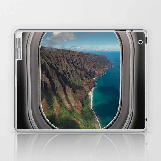 Coastal Kauai, Hawaii airplane porthole aerial view of beach, mountains, and turquise coast color landscape photograph / photography Laptop & iPad Skin
