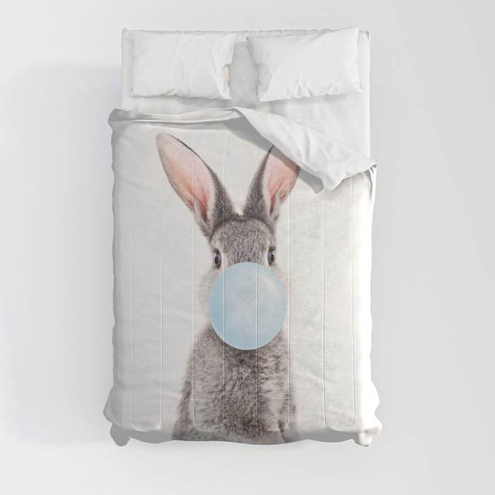 Grey Bunny Blowing Blue Bubble Gum, Kids Art, Baby Boy, Baby Animals Art Print by Synplus Comforter