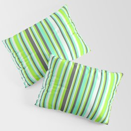 [ Thumbnail: Light Green, Dim Grey, Aquamarine, and Mint Cream Colored Stripes Pattern Pillow Sham ]