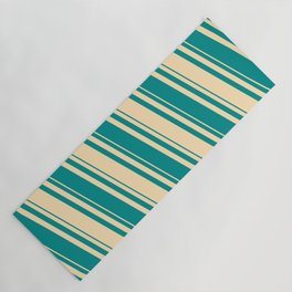 [ Thumbnail: Beige & Dark Cyan Colored Lines/Stripes Pattern Yoga Mat ]