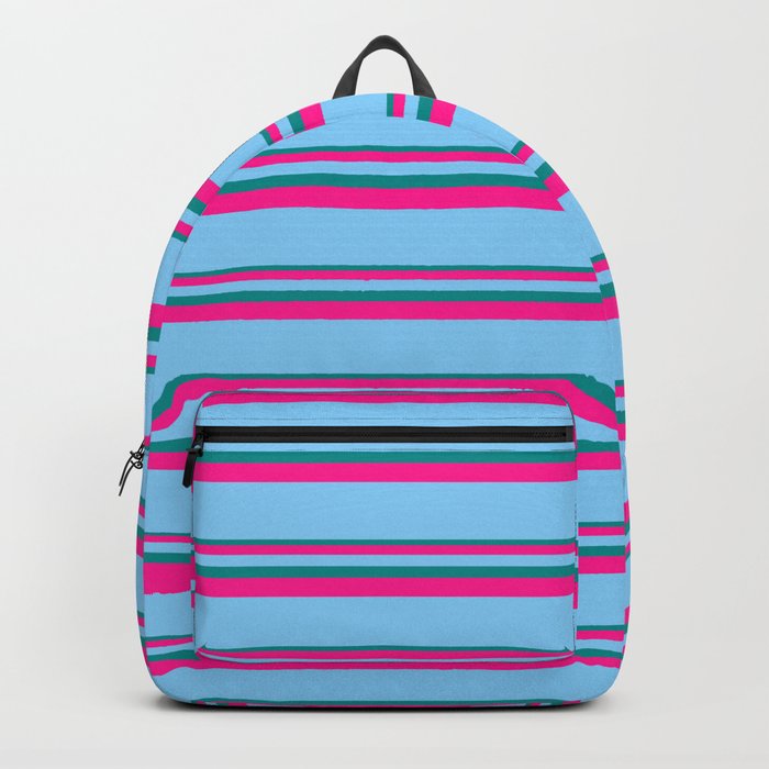 Dark Cyan, Deep Pink, and Light Sky Blue Colored Lined Pattern Backpack