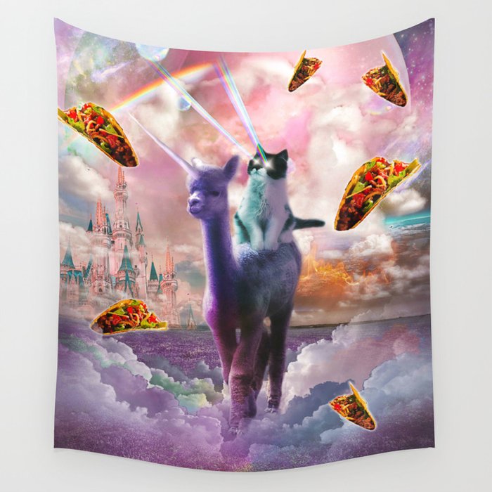 Cosmic Laser Cat Riding Alpaca Unicorn Wall Tapestry by Random