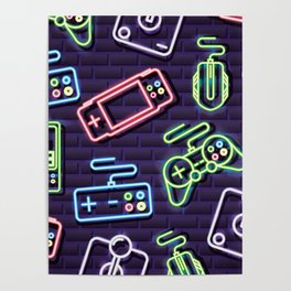 Neon Video Game Accessories Pattern Poster