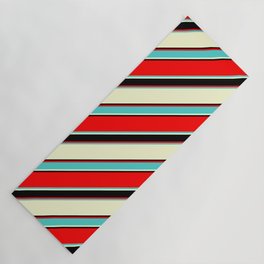 [ Thumbnail: Red, Turquoise, Light Yellow & Black Colored Lined/Striped Pattern Yoga Mat ]