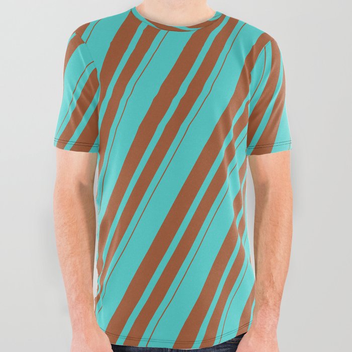 Turquoise and Sienna Colored Lines Pattern All Over Graphic Tee