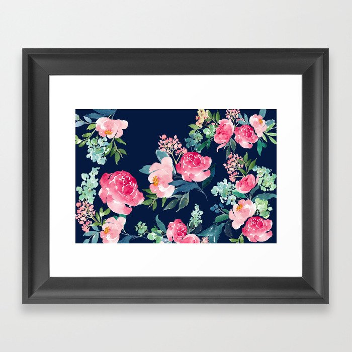 Navy and Pink Watercolor Peony Framed Art Print