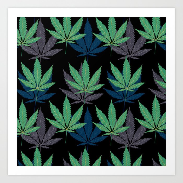Marijuana Leaf Trio Pattern on Black LARGE Art Print
