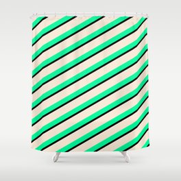 [ Thumbnail: Green, Black, and Beige Colored Stripes Pattern Shower Curtain ]