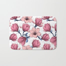 Magnolia garden 2   Bath Mat | Spring, Blue, Vector, Tree, Blossom, Pink, Curated, Floral, Nature, Drawing 