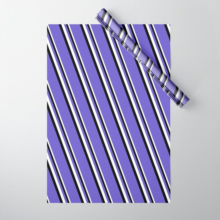 White, Black & Slate Blue Colored Stripes Pattern Wrapping Paper