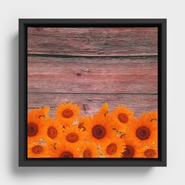 Rustic Brown Red Wood Orange Yellow Summer Sunflowers Framed Canvas