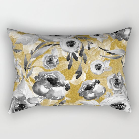 Black and white flowers with gold Rectangular Pillow