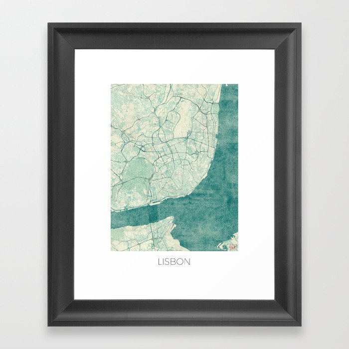 Lisbon Map Blue Vintage Framed Art Print