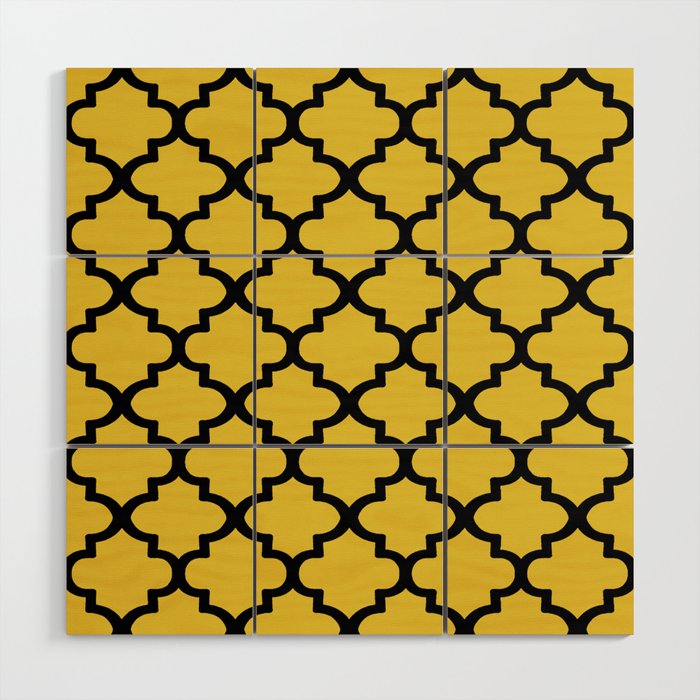 Quatrefoil Pattern In Black Outline On Mustard Yellow Wood Wall Art