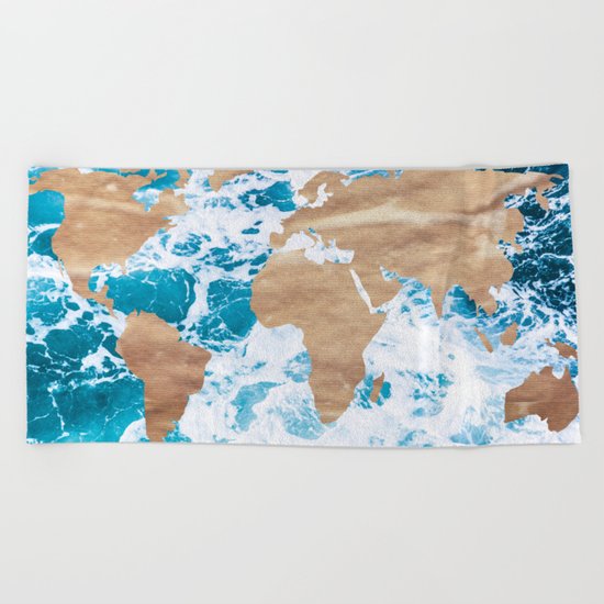 Ocean World Map Vintage Turquoise Sea Beach Towel