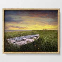 Stranded Row Boat in the Beach Grass at Sunrise on the shore on Prince Edward Island Serving Tray