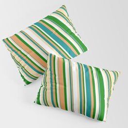 [ Thumbnail: Vibrant Brown, Dark Cyan, Tan, White & Green Colored Striped Pattern Pillow Sham ]