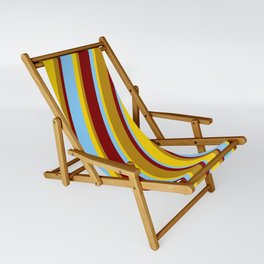 [ Thumbnail: Yellow, Dark Goldenrod, Maroon, and Light Sky Blue Colored Lines/Stripes Pattern Sling Chair ]