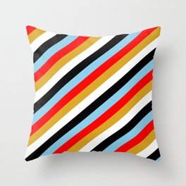 [ Thumbnail: Sky Blue, Red, Goldenrod, White & Black Colored Lines/Stripes Pattern Throw Pillow ]
