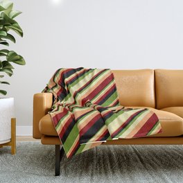 [ Thumbnail: Colorful Green, Pale Goldenrod, Brown, Dark Red & Black Colored Stripes Pattern Throw Blanket ]
