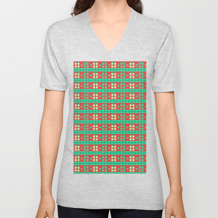 Christmas Pattern Geometric Red Blue Gifts V Neck T Shirt