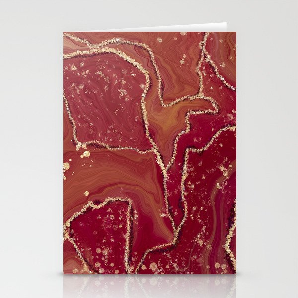 Pink and red agate marble with gold lines. Alcohol ink fluid abstract texture fluid art with gold glitter and liquid Stationery Cards