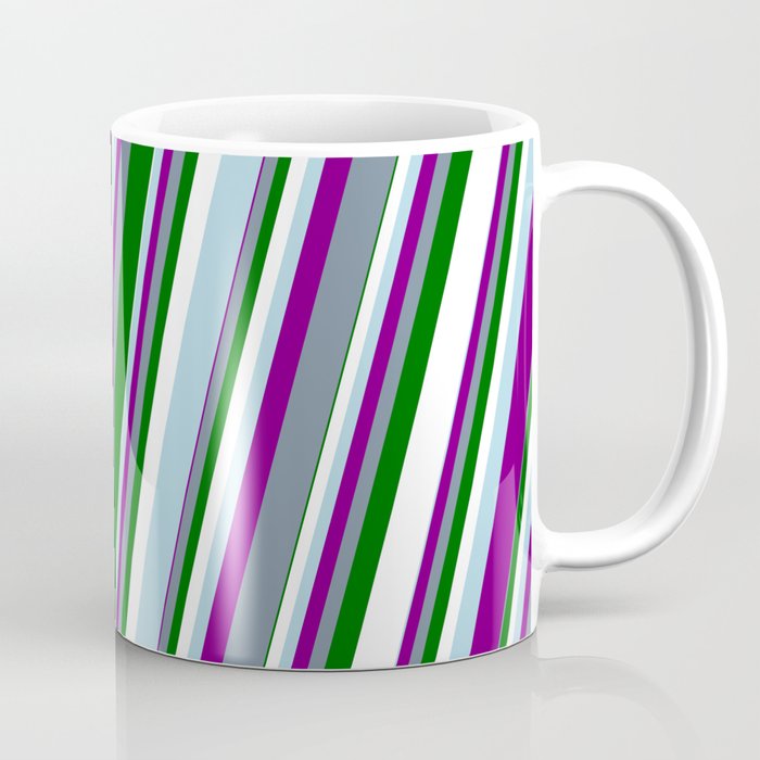 Light Blue, Purple, Light Slate Gray, Dark Green & White Colored Striped Pattern Coffee Mug
