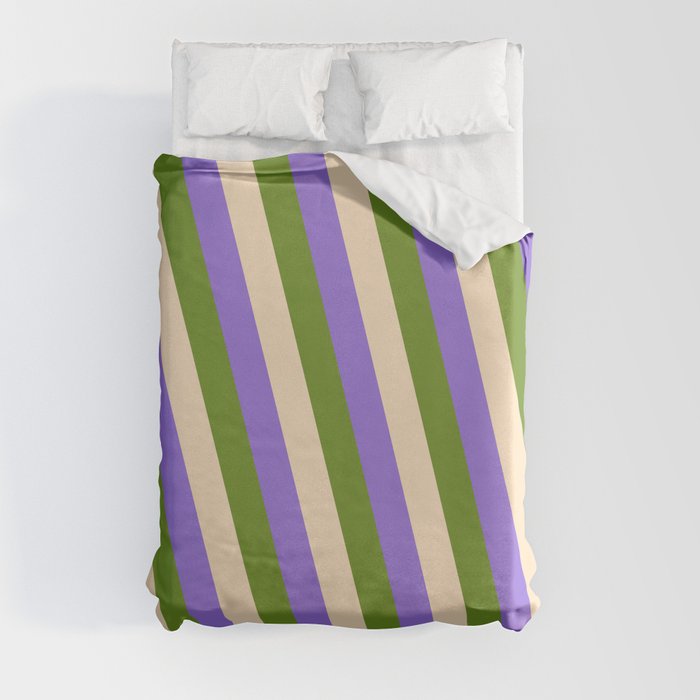 Purple, Green, and Bisque Colored Lines/Stripes Pattern Duvet Cover