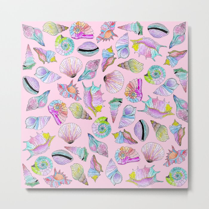Summer Seashells in Girly Painted Watercolor Paint Metal Print