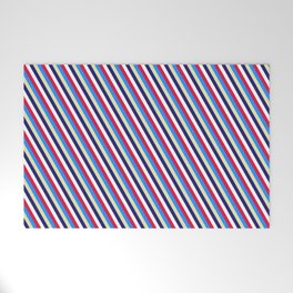 [ Thumbnail: Eye-catching Crimson, Blue, Pale Goldenrod, Midnight Blue & White Colored Striped Pattern Welcome Mat ]