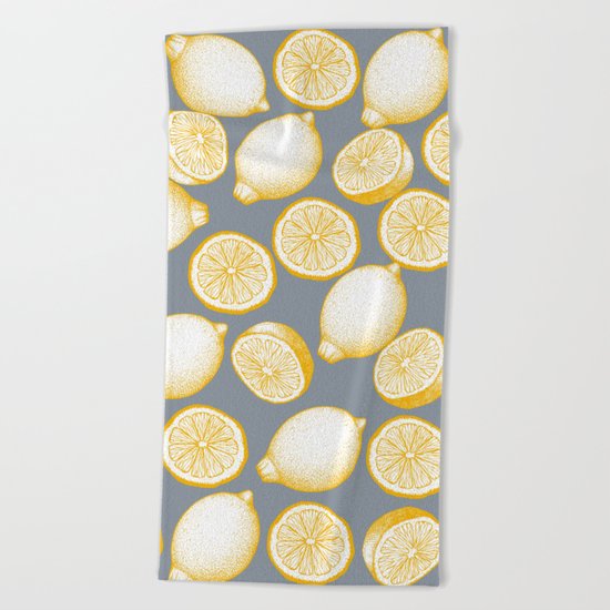 Lemons On Grey Background Beach Towel