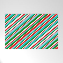 [ Thumbnail: Vibrant Red, Light Blue, Dark Turquoise, Green & White Colored Striped Pattern Welcome Mat ]