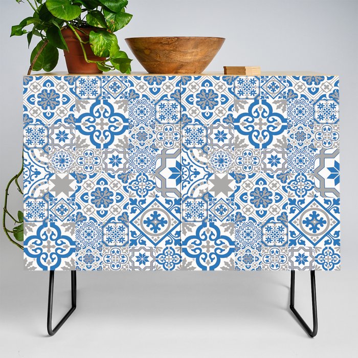 Blue and Gray Heritage Vintage Traditional Moroccan Zellij Zellige Tiles Style Credenza