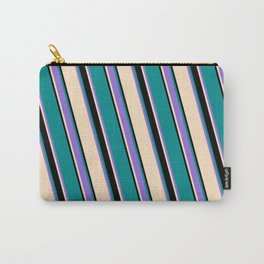 [ Thumbnail: Bisque, Black, Dark Cyan, and Purple Colored Striped Pattern Carry-All Pouch ]