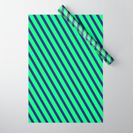 [ Thumbnail: Midnight Blue & Green Colored Lined/Striped Pattern Wrapping Paper ]