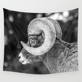 Bighorn Ram Grainy Black and White Yellowstone National Park Portrait Woodland Wildlife Creatures Wall Tapestry | Indie Bohemian Boho, Peaceful Bedroom Art, Big Graphic Designs, College Dorm Artwork, Calming Photography, Farm House Aesthetic, For Toddler Bathroom, Modern Vintage Style, Natural Earth Tones, Animal Animals Horn 