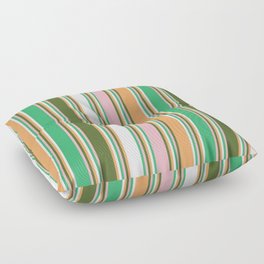 [ Thumbnail: Colorful Sea Green, Light Pink, Dark Olive Green, Brown, and White Colored Lines Pattern Floor Pillow ]