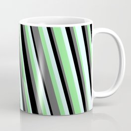 [ Thumbnail: Dim Grey, Black, Light Cyan, and Light Green Colored Striped Pattern Coffee Mug ]