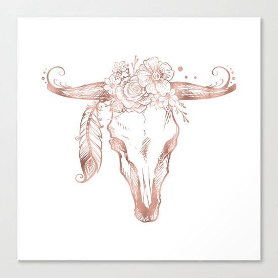 Rose Gold Bull Skull with Pink Feather Flowers Canvas Print