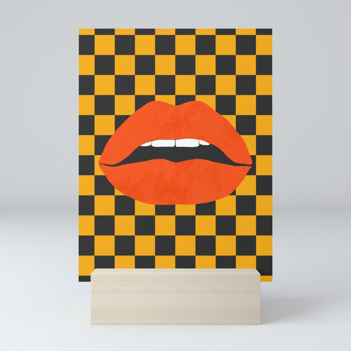 Funky pop-art sexy lips,  black yellow check. Mini Art Print