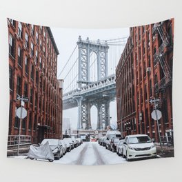 New York City Manhattan Bridge in Dumbo during snowstorm Wall Tapestry