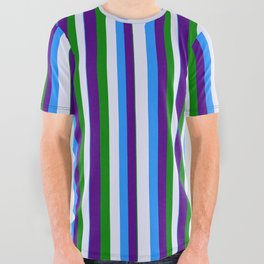 [ Thumbnail: Blue, Lavender, Green, and Indigo Colored Pattern of Stripes All Over Graphic Tee ]
