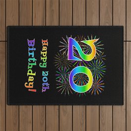 [ Thumbnail: 20th Birthday - Fun Rainbow Spectrum Gradient Pattern Text, Bursting Fireworks Inspired Background Outdoor Rug ]