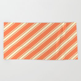 [ Thumbnail: Coral and Light Yellow Colored Stripes/Lines Pattern Beach Towel ]